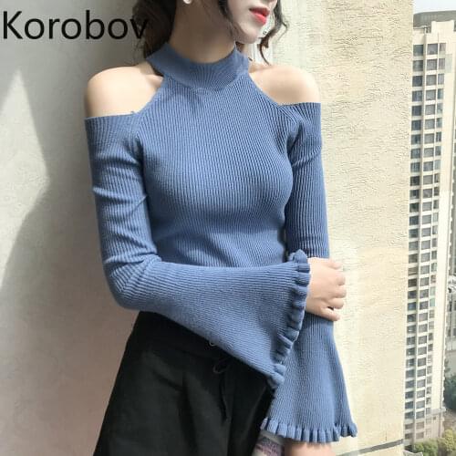 Korobov New Arrival Sueter Mujer Women Flare Long Sleeve Half Turtleneck Slim Jumper Knitted Off Shoulder Female Sweaters 78260