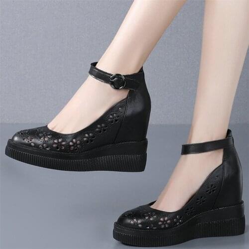 Summer Buckle Strap Mary Janes Women Genuine Leather Wedges High Heel Ankle Boots Female Round Toe Chunky Platform Pumps Shoes