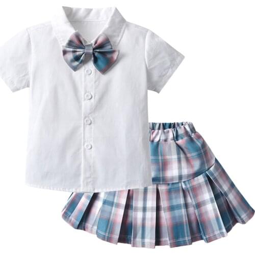 Summer Toddler Infant Kids Baby Girls Short Sleeve Bowtie Turndown Collar Uniform Shirt Tops Plaid Pleated Skirts Outfits Set#g4
