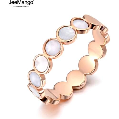 JeeMango New Titanium Stainless Steel Fine Brand White Shell Rings Bridal Wedding Geometric Ring Jewelry For Women Girls JR19113