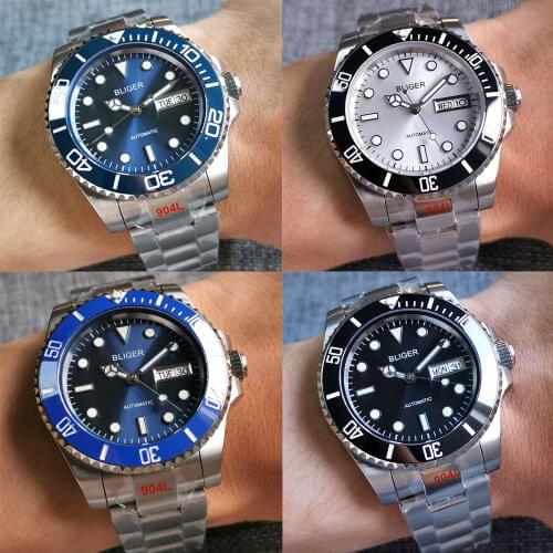 BLIGER 24 Jewels NH36A SelfWinding Men Watch Series Day Date SUB 40MM Case Slope Insert Brushed Oyster Strap Flat Sapphire