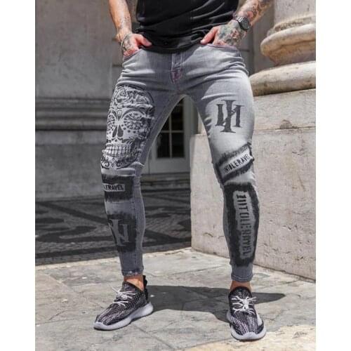 Men Stretch Slim Jeans Hip Hop Pants Fashion Letter Printed Gray Skinny Jeans Man Causal Jogging Denim Pencil Pants Streetwear