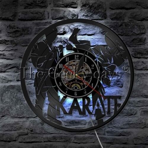 Karate Design Vinyl Clock LED Display Sign Retro Karate Classroom Wall Decor Art Backlight Martial Arts Wall Light
