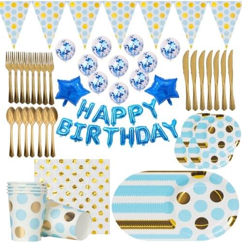 Gold Blue Dot Christmas New Year Party Disposable Tableware Cup Plates Baby Shower Banner Flags Birthday Party Supplies Decorate