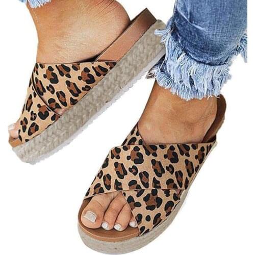 Plus size cross band creepers slippers European leopard cane bottom summer shoes woman open toe non-slip beach flipflops outside