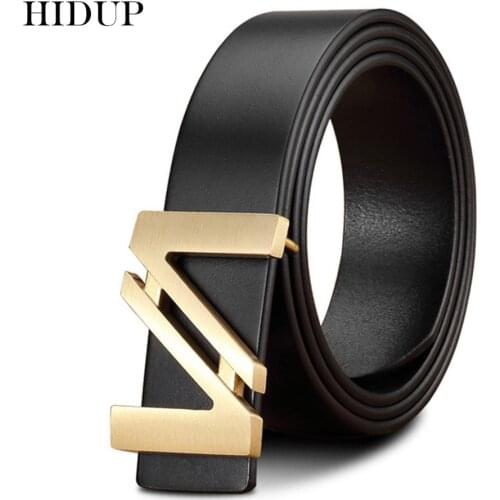 HIDUP New Design Letters Brass Smooth Buckle Metal Belts Solid Cow Genuine Leather Belt for Men Fashion 3.3cm Accessories NWJ736