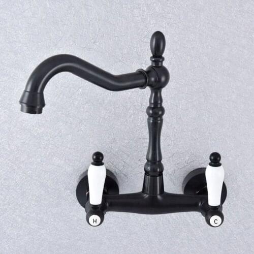 Kitchen Wet Bar Bathroom Vessel Sink Faucet Black Oil Rubbed Brass Wall Mounted Swivel Spout Mixer Tap Dual Ceramic Lever msf756