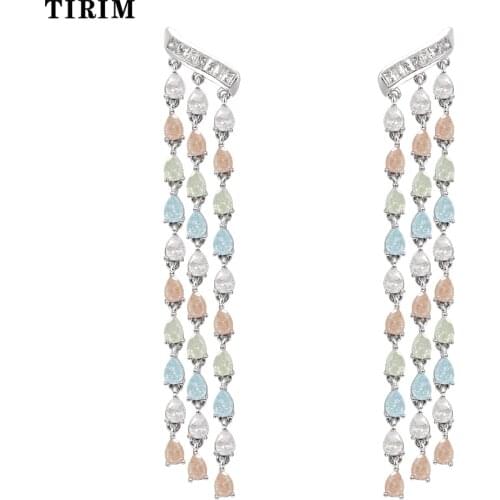 TIRIM Chandelier Crystal Tassel Chain Earrings for Women Wedding Mix Color Cubic Zircon Fashion Jewelry Gifts New 2021 Trend