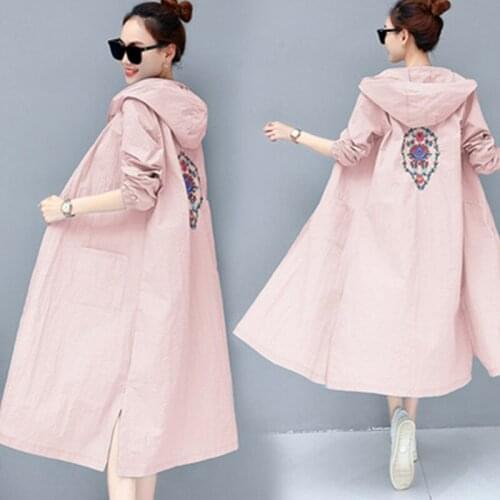 Plus Size Spring Autumn Trench Coat Female 2021 New Korean Fashion Loose Embroidery Wild Hooded Sun Protection Clothing Woman