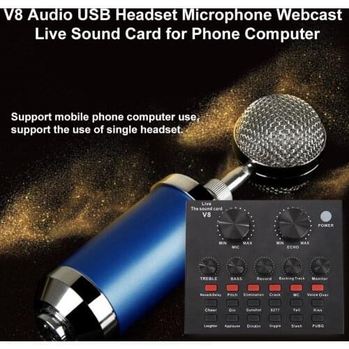 V8 Audio USB Headset Microphone Webcast Live Sound Card for Phone Computer Mobile Phone Computer Karaoke Microphone Live Sound