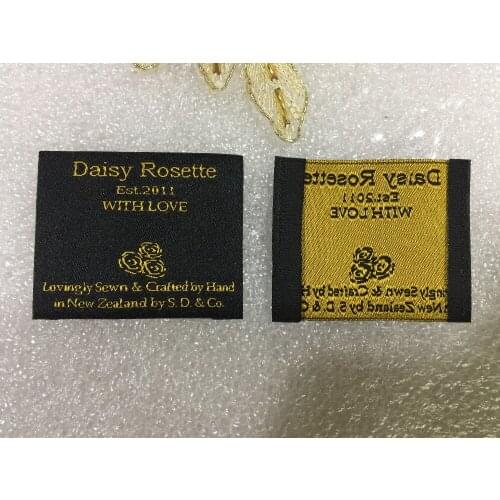 Custom brand Garment labels and tags woven label end fold main labels private logo labels golden text black background