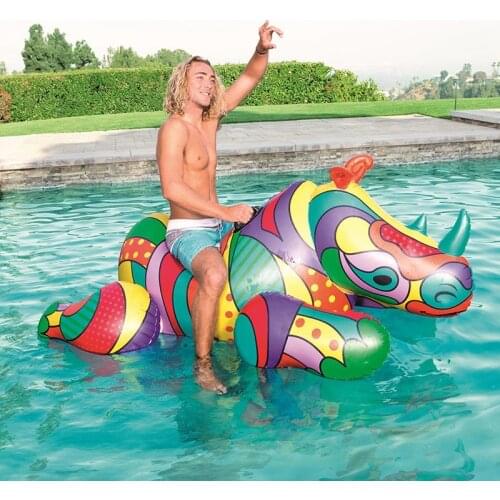 Adult Giant Inflatable Ride on Rhino Pool Floats Full Printing Animal Ridable Pool Floaties Summer Water Toys Air Raft Bed