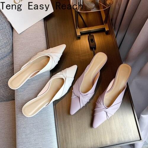 Pointed Toe Women Mules Genuine Leather Shallow Mouth 2021 Trend Shoes Woman Heels Fashion Working Office Sandals Women white