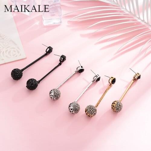 MAIKALE Vintage Metal Hollow Ball Earrings Paved Black Rhinestone Alloy Strip Long Hanging Exaggerated Drop Earrings For Women