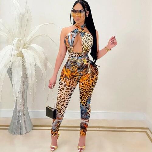 Leopard Print Hollow Out Cross Halter Backless Bodycon Jumpsuit Women Overalls Party Off Shoulder Sexy Club Birthday Outfits