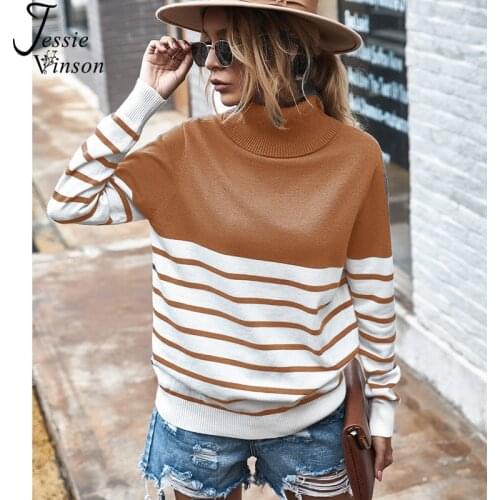 Jessie Vinson Turtleneck Womens Sweaters Casual Loose Striped Pullover Sweater Women Autumn Winter Patchwork Knit Sweater Tops