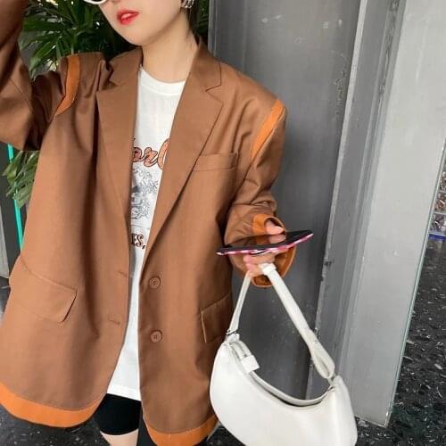 Autumn Vintage Patchwork Contrast Color Women Blazer Streetwear Loose Notched Collar Long Sleeve Suit Coat Casual Vetement Femme