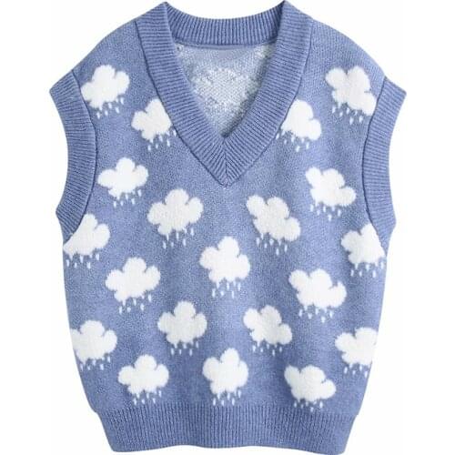 Evfer Women Fashion Za Knitted Cloud Sprint Blue Pullover Vest Female Casual V-Neck Sleeveless Elastic Sweaters Girls Jumpers