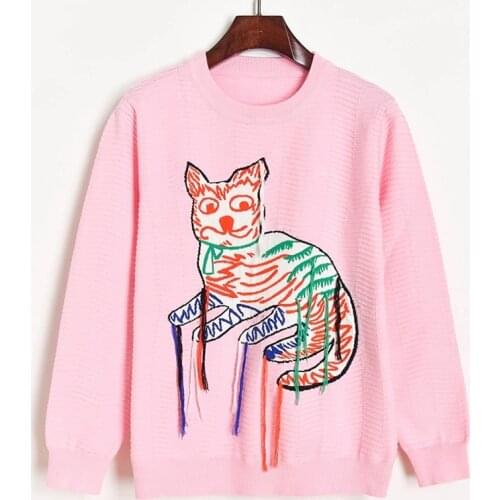 Cute Cat Jacquard Knit Sweater with Colors Tassel 2020 Runway Pullovers Women Jumpers Round Neck Pink/Blue Sweater Sueter Mujer