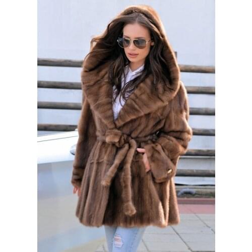 Women Natural Mink Fur Coat with Hood Mid-length Genuine Full Pelt Mink Fur Overcoat Luxury Women Fashion Light Coffee Outwear