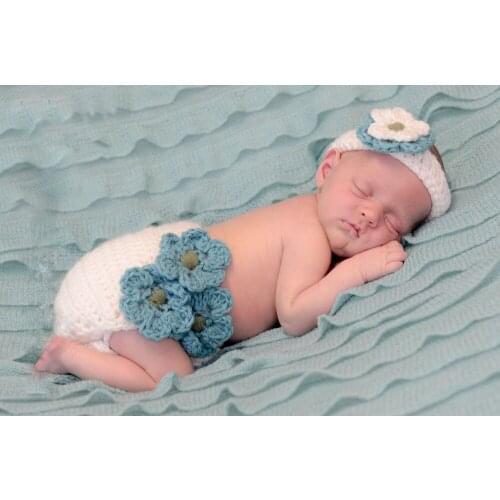 Free shipping,DIVINE Matching Flower Headband & Three blue flower Diaper Cover set Newborn Photo Prop