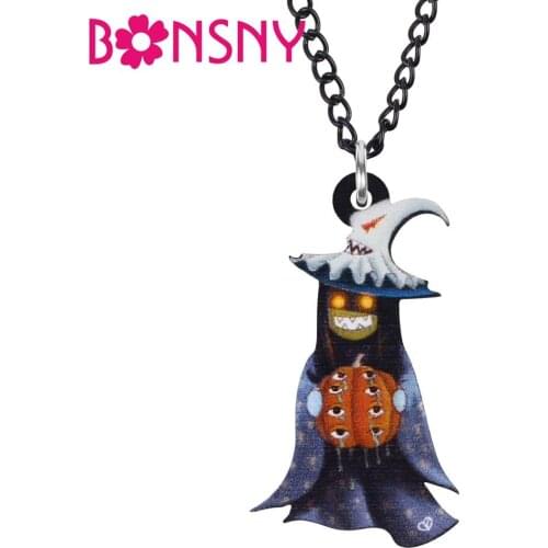 Bonsny Acrylic Halloween Pumpkin Demon Evil Magical Witch Chain Necklace Pendant Collar Choker Jewelry For Women Kid Gift Charms
