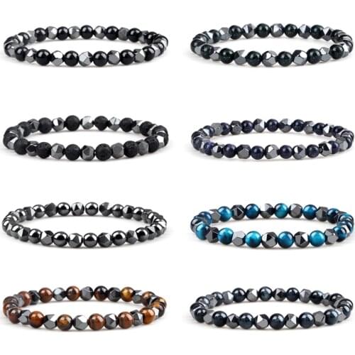 8 Style 6MM Irregular Hematite Stone Bracelet High Quality Blue Tiger Eye Lava Spacer Elastic Rope Bangles Jewelry Pulsera Gift