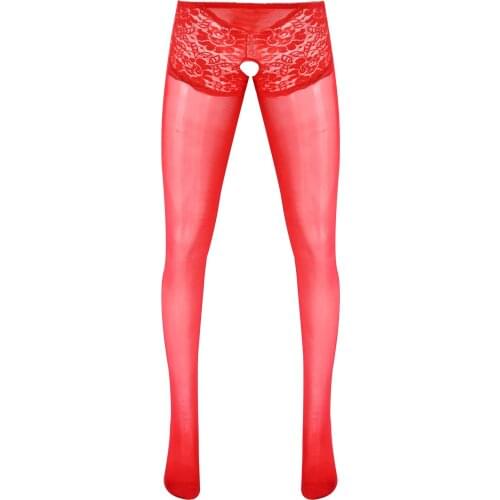 Erotic Crotchless Pants for Sexy Gay Men Lingerie Lace Patchwork Glossy Open Crotch Thin Footed Tights Stockings Sissy Nightwear