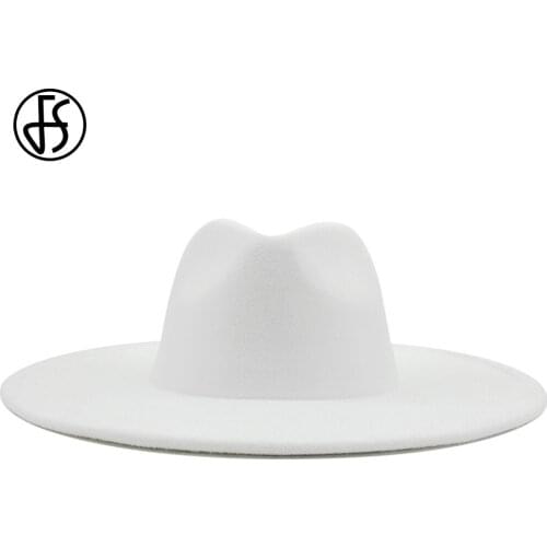 FS Winter White British Style 9.5CM Men Lager Big Brim Solid Wool Fedora Hats For Women Elegant Gangster Hat Panama Cap Sombrero