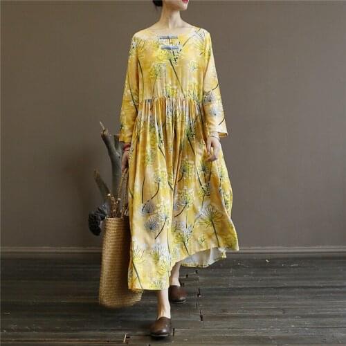 Johnature Chinese Style Women Cloths Linen Dresses 2021 Spring Summer New Long Sleeve O-Neck Print Loose Women Fashion Dress