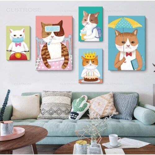 Creative Cats Nordic Posters and Prints Nursery Decoraion Cute Cartoon Animals Canvas Painting Childrens Room Wall Art Prints