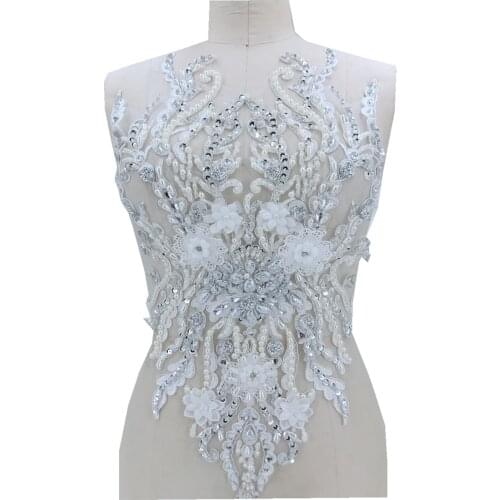 Hand made ivory white lace trimming patches Three-dimensional applique with peal silver Rhinestones 55*31cm for wedding dress