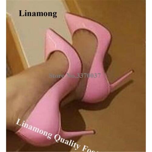 Linamong Classical Style Patent Leather 12cm Stiletto Heel Pumps Cute Pointed Toe Red Red Super High Heels Formal Dress Shoes