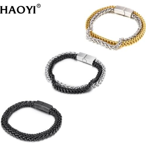 5mm Wide Unique Men Double Chain Bracelet Casual Design Wheat Chain Link Magnetics Buckle Wristband Men Jewelry Bracelet