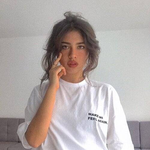 Newest Make Me Feel Again Pocket Slogan Print Women T Shirt 90s Lady Girl Casual Cotton Tees Tops A-609