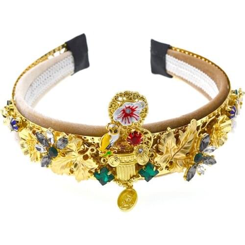 New Trend Baroque Vintage Luxury Crown Crystal Flowers Hair Band Hair Jewelry Accessory Wedding Party Blue Rhinestone Hair Band