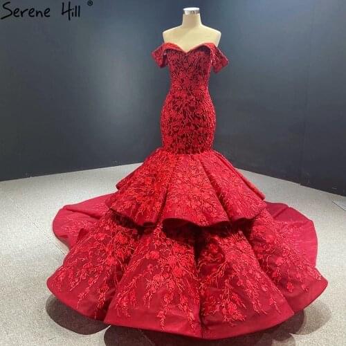 Serene Hill Wine Red Handmade Flowers Mermaid Wedding Dresses 2021 Off Shoulder Elegant Bride Gowns HA2462 Custom Made