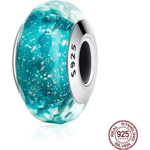 Section Emerald blue Murano Glass Bead 925 Sterling Silver Charm Fit Original Pandora Bracelet Silver 925 DIY Women Jewelry