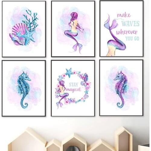 Modern Painting Home Decor Wall Art Canvas Picture Abstract Cartoon Mermaid Seahorse Poster and Exhibition Hall Design Prints
