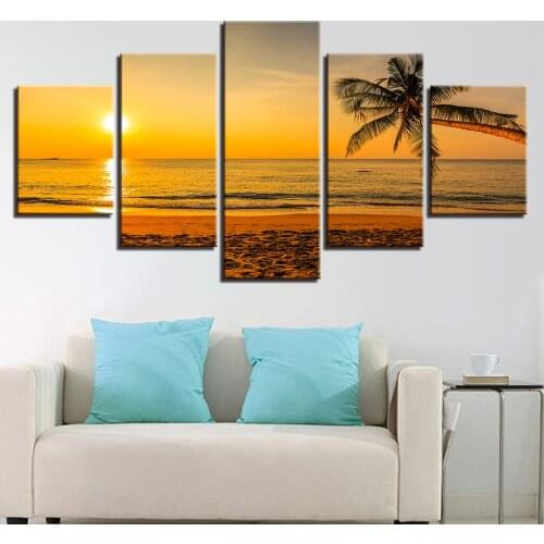 Canvas Modern HD Wall Unframed Home Decoration Poster Art 5 Panels Sunset Tree Seacape Living Room Printed Pictures Painting
