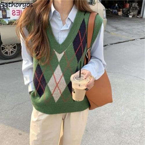 Argyle Sweater Vests Women Vintage Plus Size S-3XL Autumn V-neck Panelled Sleeveless Jumpers Knitwear Female Warm College Preppy