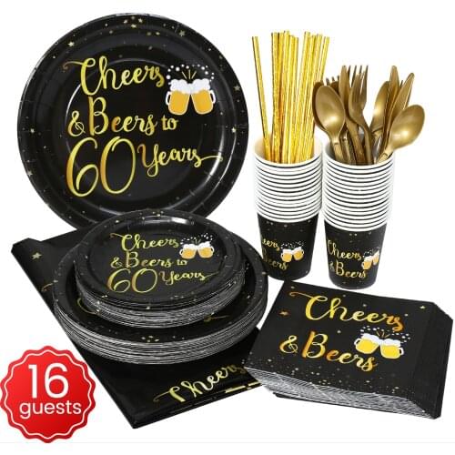 60th Cheers Beers Birthday Party Supplies Black Gold Tablewares Plates Napkins Dinnerware Mugs Graduation Wedding Decoration