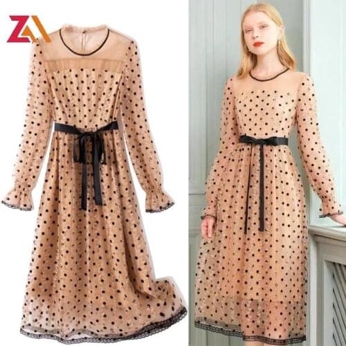 ZALady Designer Summer Autumn Mesh Midi-long Dresses For Women Polka Dot Ruffles Long Sleeve Elegant Bow Dress Plus Size 2XL