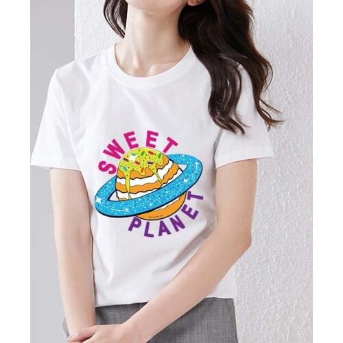 Womens Sweet and Versatile Casual T-shirt with Cartoon Pattern Cute Spaceship Printing Series Slim Soft Ladies Round Neck Top