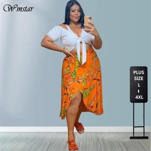 Plus Size Women Clothing Holiday Two Piece Set Skirts Fashion Print Crop Tops Slip Hem Maxi Skirt Suits Wholesale Dropshipping