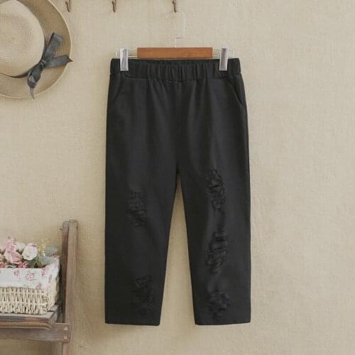 Plus Size Pants Set High Waist High Quality Elastic Cotton Fabric Elastic Waist And High Waist Hole Design Knee-Length Pants