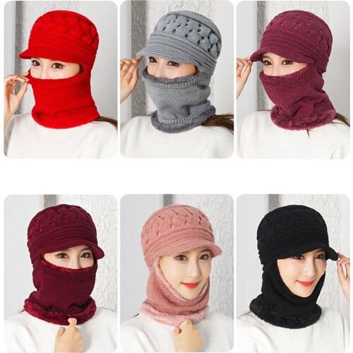 Women Bib Beanie Hat One-piece Bobble Scarf Mask Set Knitted Winter Warm Snow Cap Dustproof Hats Female Warm knitted Wool Hat