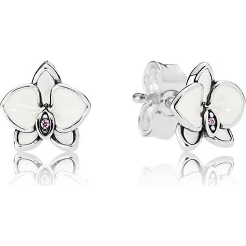 Authentic 925 Sterling Silver White Red Orchid Fashion Stud Earrings For Pandora Women Bead Charm Gift DIY Jewelry