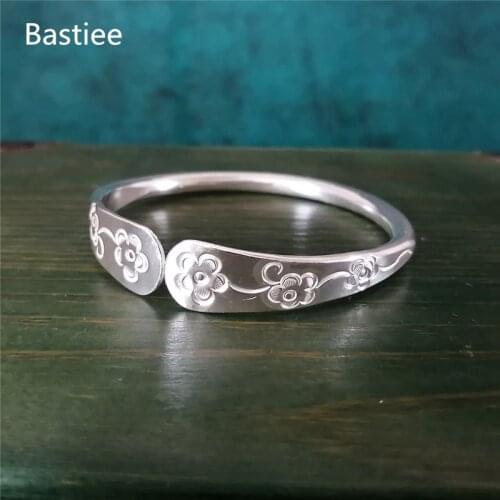 Bastiee 999 Sterling Silver Cuff Bracelet For Women Flower Bangle Luxury Jewelry Adjustable Hmong Handmade Ethnic Gift Girl