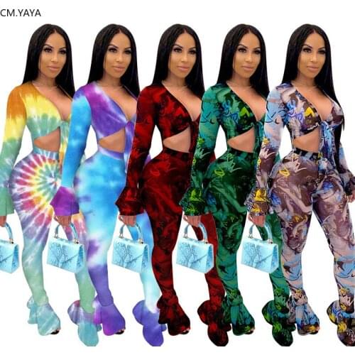 CM.YAYA Women Mesh See Though Tie Dye Leaf Sexy Beach Two Piece Set Crop Top Jogger Leggings Suit Tracksuit Matching Set Outfits